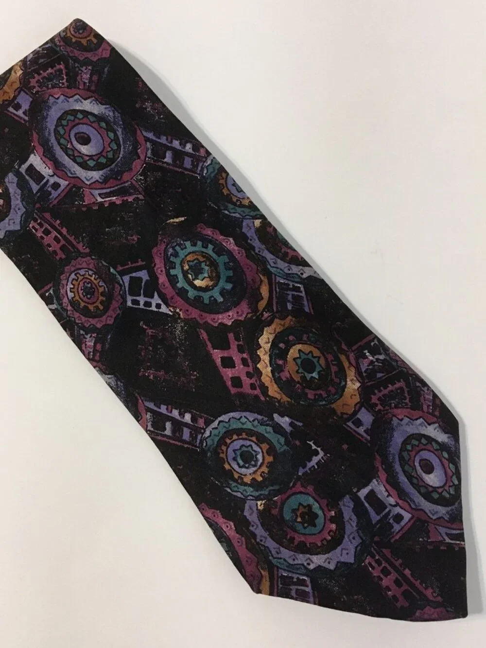 Enrico Coveri Tie Hand Made Mens Purple Teal Green Blue Gold 100% Silk Abstract